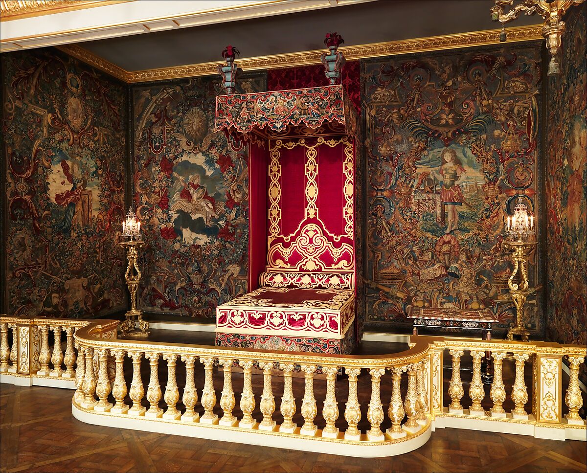 Canopy for a bed, Plain wood, silk damask; silk, French