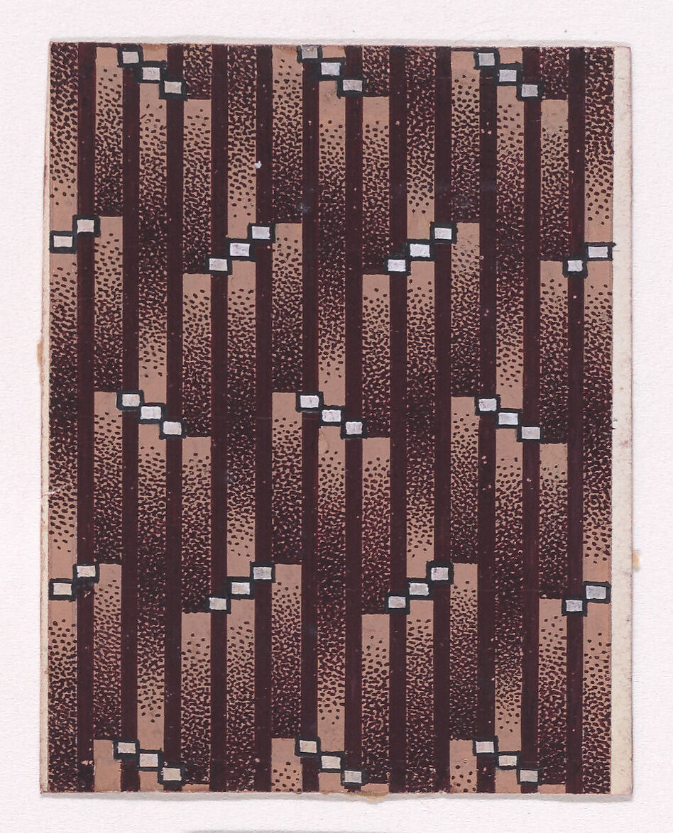 Textile Design with Alternating Diagonal Strings of Squares over a Striped Background, Anonymous, Alsatian, 19th century, Gouache 
