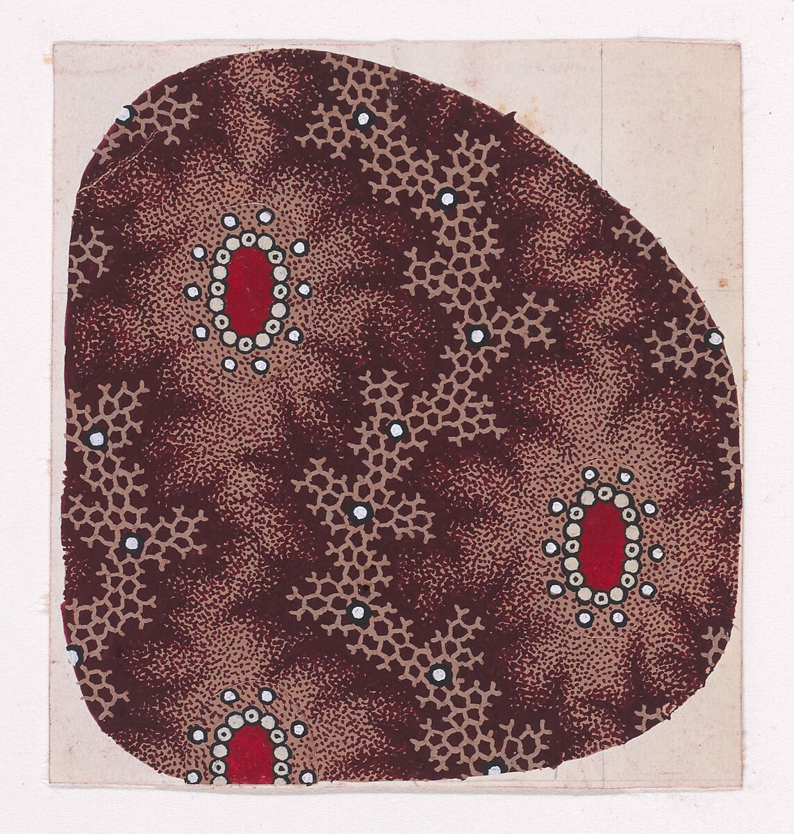 Textile Design with Alternating Vertical Rows of Ovals Bordered with Pearls and Vertical Garlands of Honeycomb Structures Flanked with Offsetting Branches and Decorated with Pearls over a Stippled Background, Anonymous, Alsatian, 19th century, Gouache 