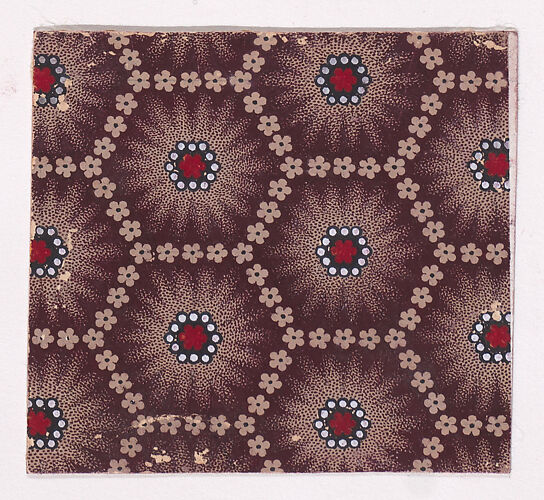 Textile Design with a Honeycomb Pattern Formed with Small Rosettes and with Alternating Rows of Rosettes Framed by Pearls