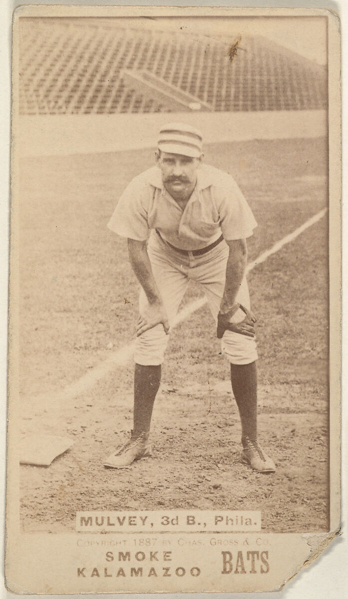 Mulvey, 3rd Base, Philadelphia, from the Kalamazoo Bats series (N690) issued by Chas. Gross & Co. to promote Kalamazoo Bats, Issued by Chas. Gross &amp; Co., Albumen photograph 