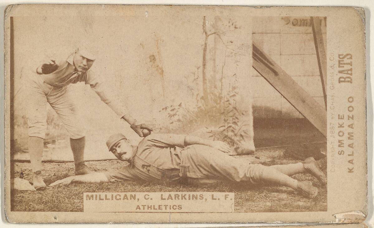 Milligan, Catcher and Larkins, Left Field, Athletics, from the Kalamazoo Bats series (N690) issued by Chas. Gross & Co. to promote Kalamazoo Bats, Issued by Chas. Gross &amp; Co., Albumen photograph 