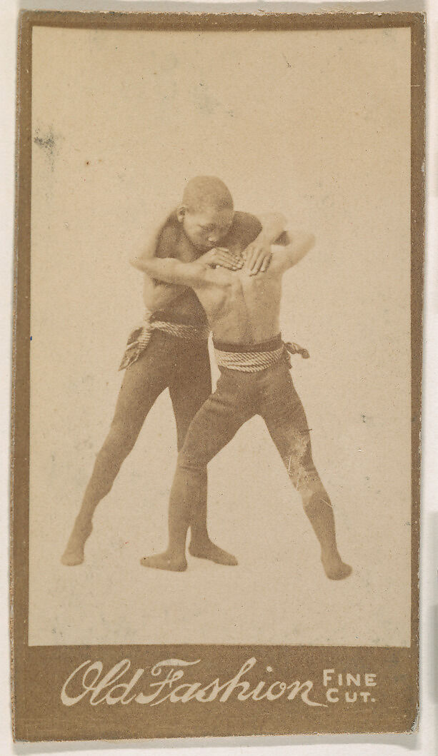 Two boys wrestling, from the "Negro Subjects" series (N692) promoting Old Fashion Fine Cut Tobacco, Albumen photograph 