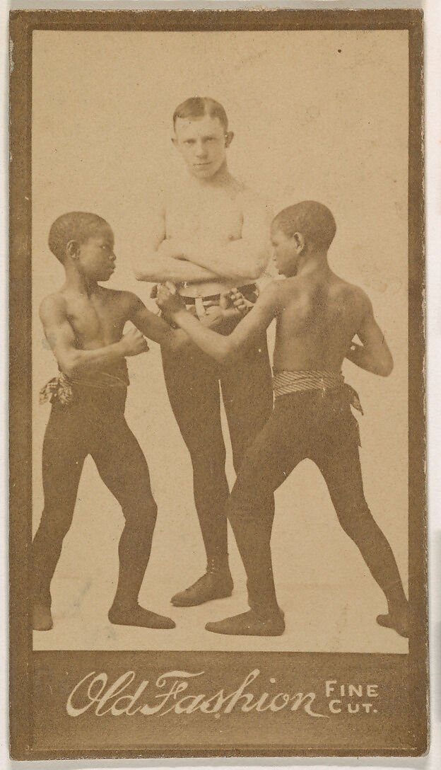 Man standing with two children boxing, from the "Negro Subjects" series (N692) promoting Old Fashion Fine Cut Tobacco, Albumen photograph 
