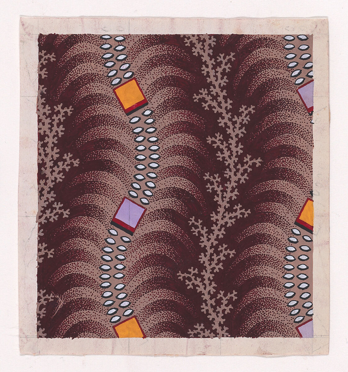 Textile Design with Undulating Vertical Strips of Squares Joined by Lens-Shaped Pearls over Undulating Stylized Palm Leaves Separated by Vertical Garlands of Branches, Anonymous, Alsatian, 19th century, Gouache 