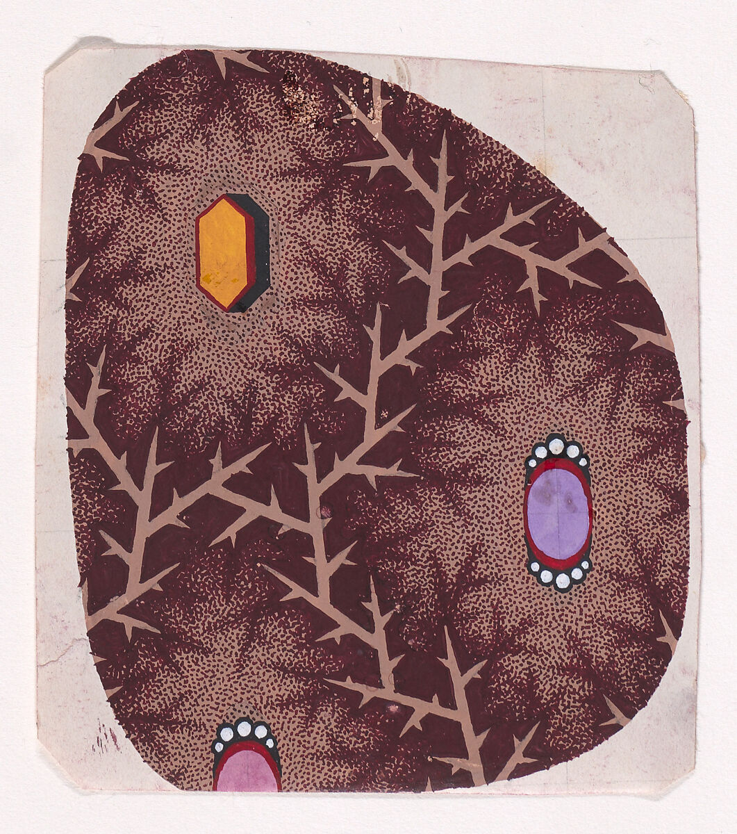 Textile Design with Alternating Rows of Hexagons and Ovals Flanked by Pearls Framed by a Network of Stiff Branches, Anonymous, Alsatian, 19th century, Gouache 
