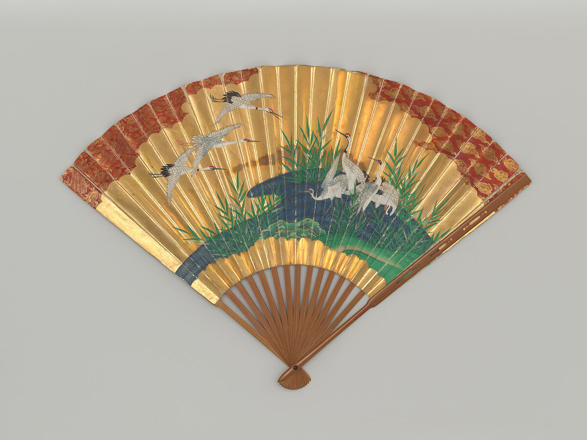 Fan with auspicious vernal imagery, Ink, color, and gold on paper; bamboo, Japan