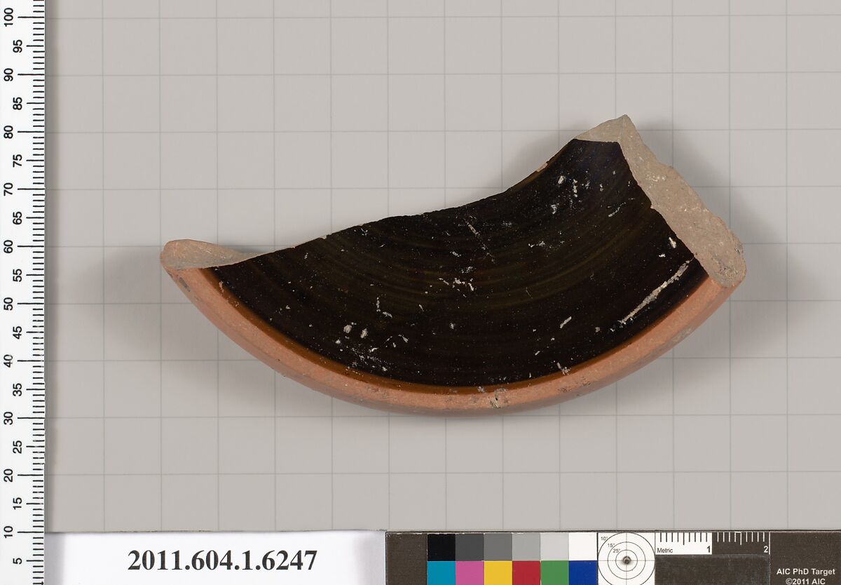 Terracotta fragment of a kylix (drinking cup), Terracotta, Greek, Attic 