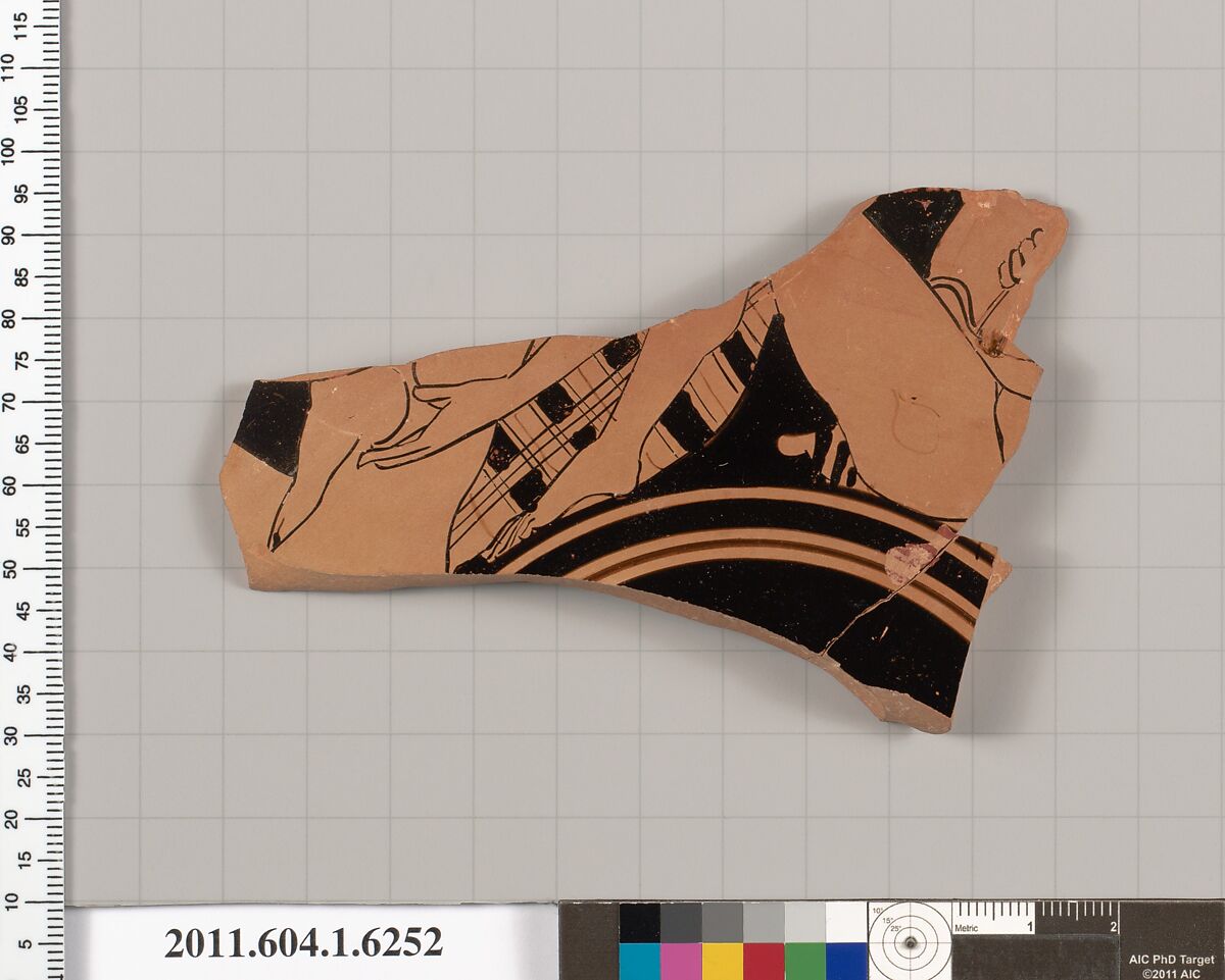 Terracotta fragment of a kylix (drinking cup), Terracotta, Greek, Attic