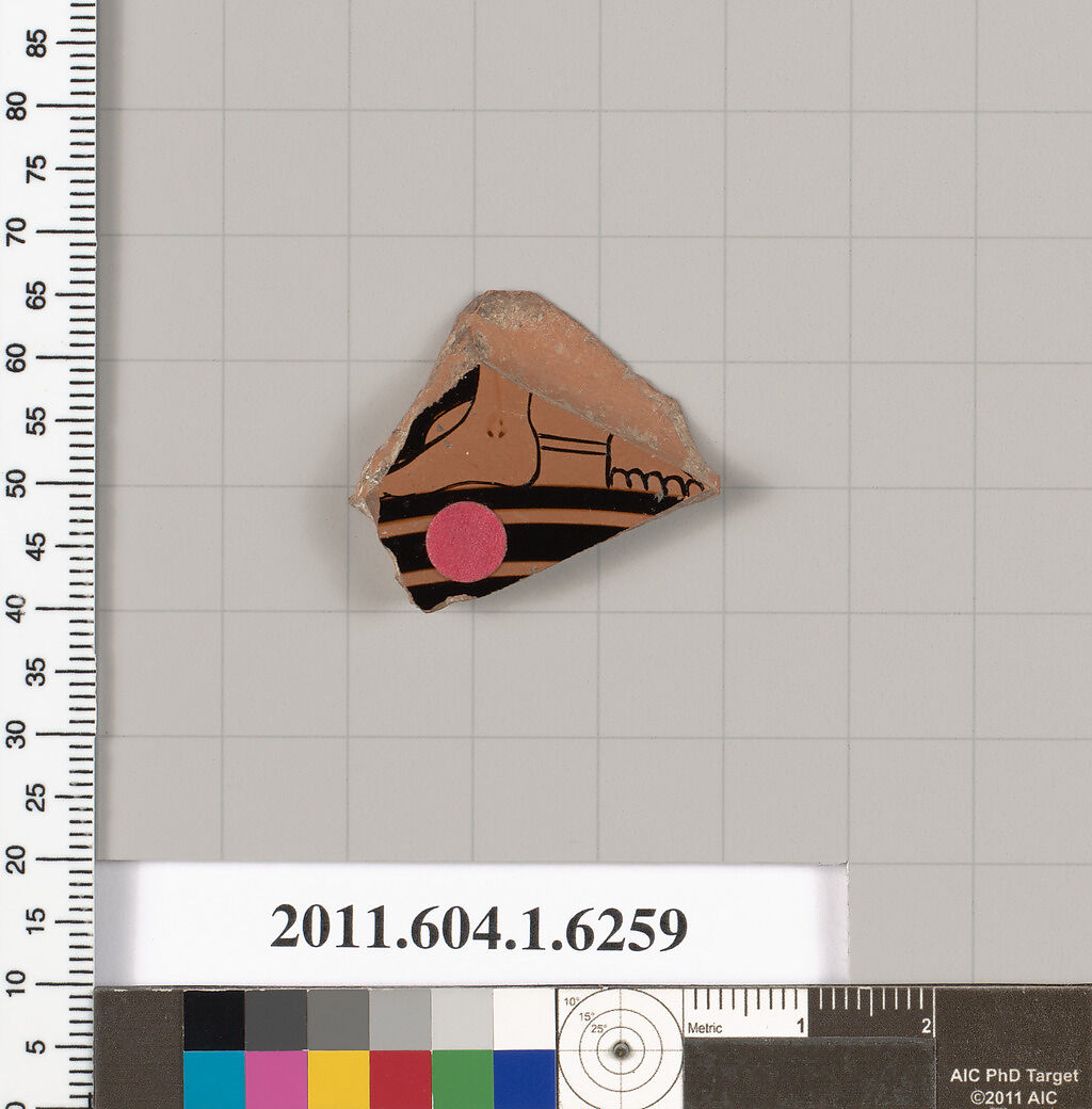 Terracotta fragment of a kylix (drinking cup), Terracotta, Greek, Attic