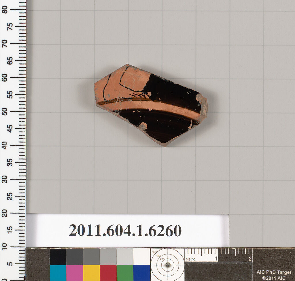 Terracotta fragment of a kylix (drinking cup), Terracotta, Greek, Attic
