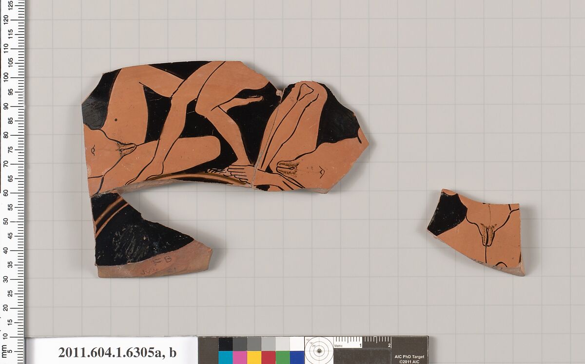 Terracotta fragments of a kylix (drinking cup), Terracotta, Greek, Attic