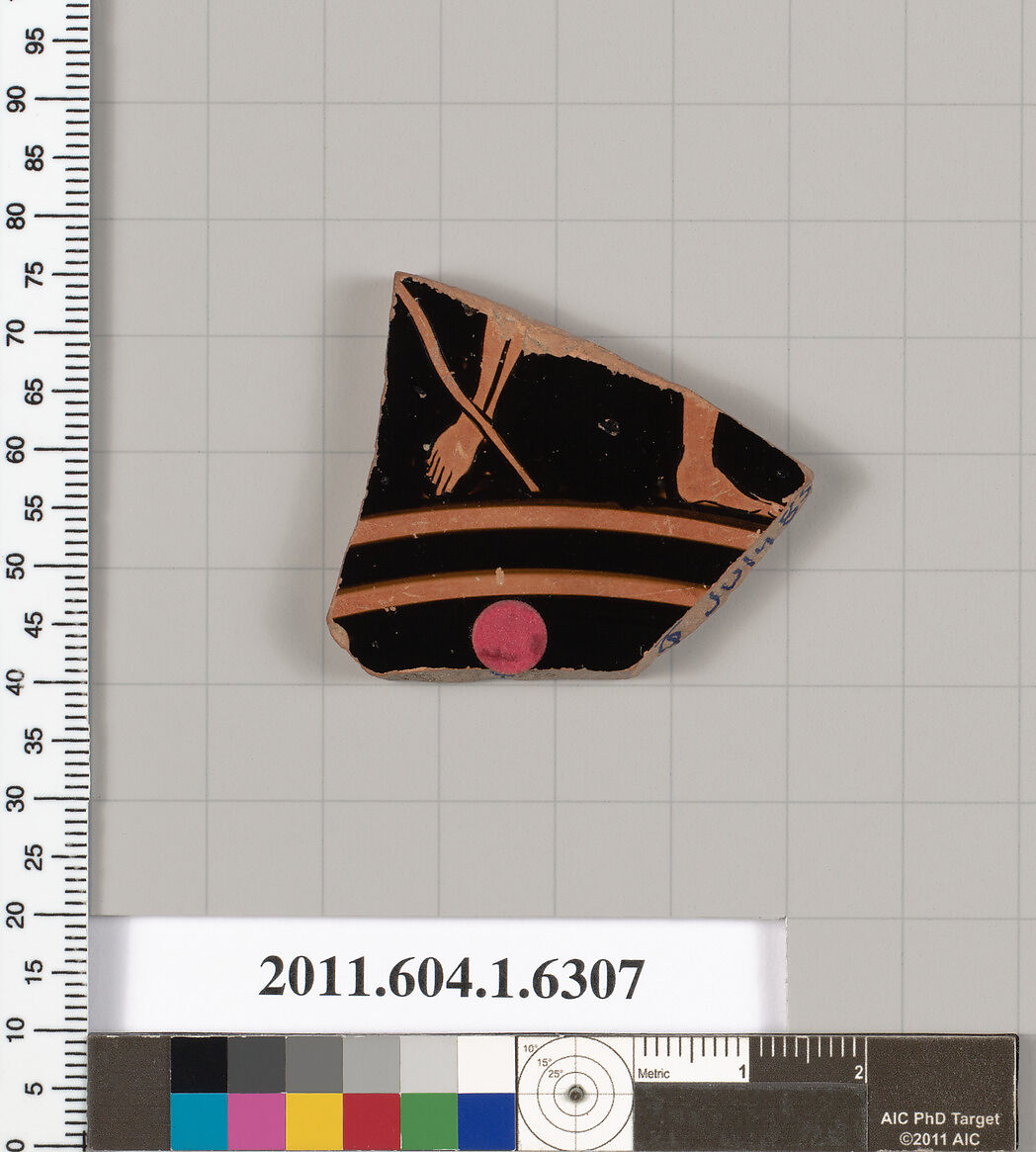 Terracotta fragment of a kylix (drinking cup), Terracotta, Greek, Attic
