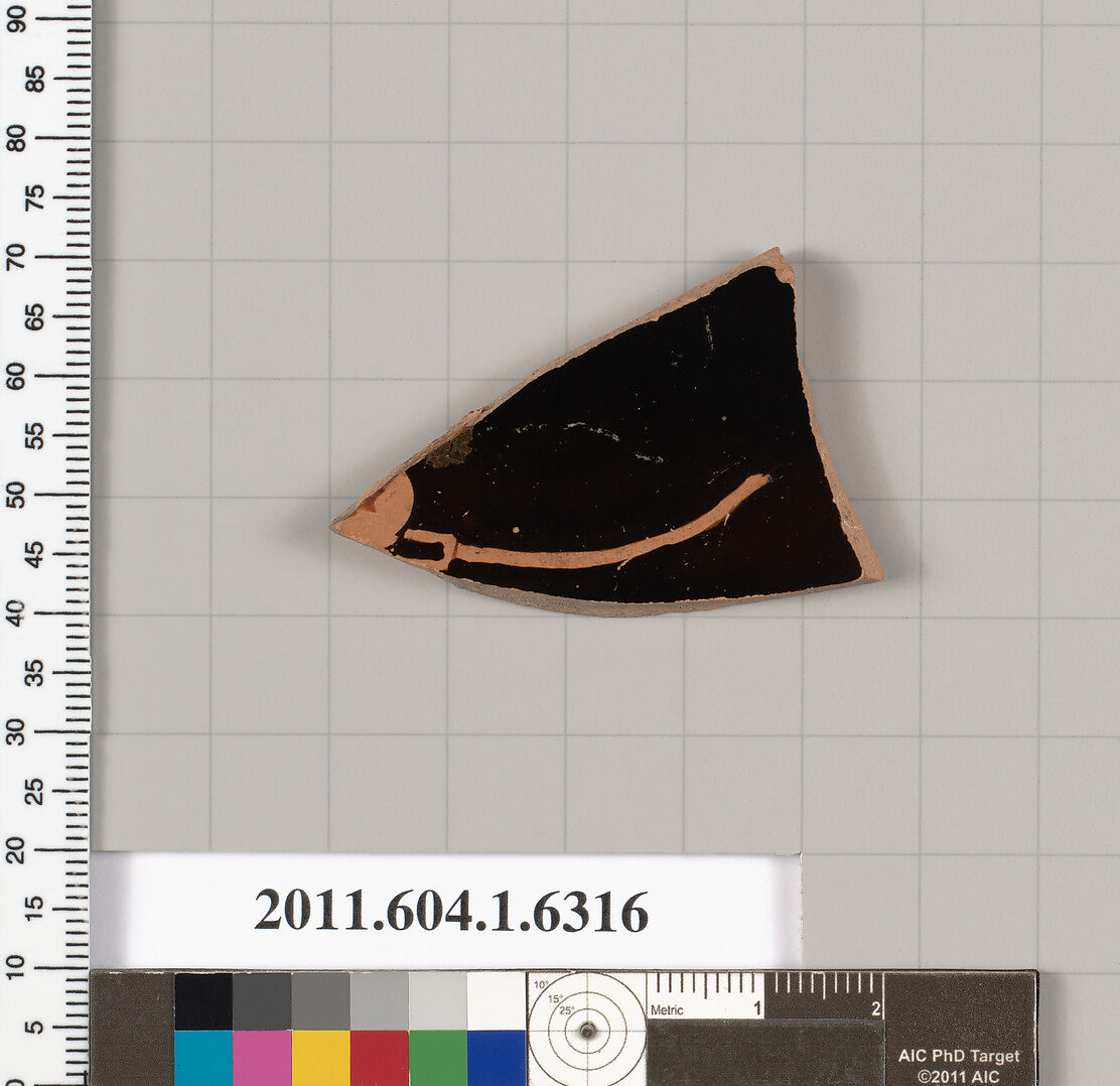 Terracotta fragment of a kylix (drinking cup), Terracotta, Greek, Attic 