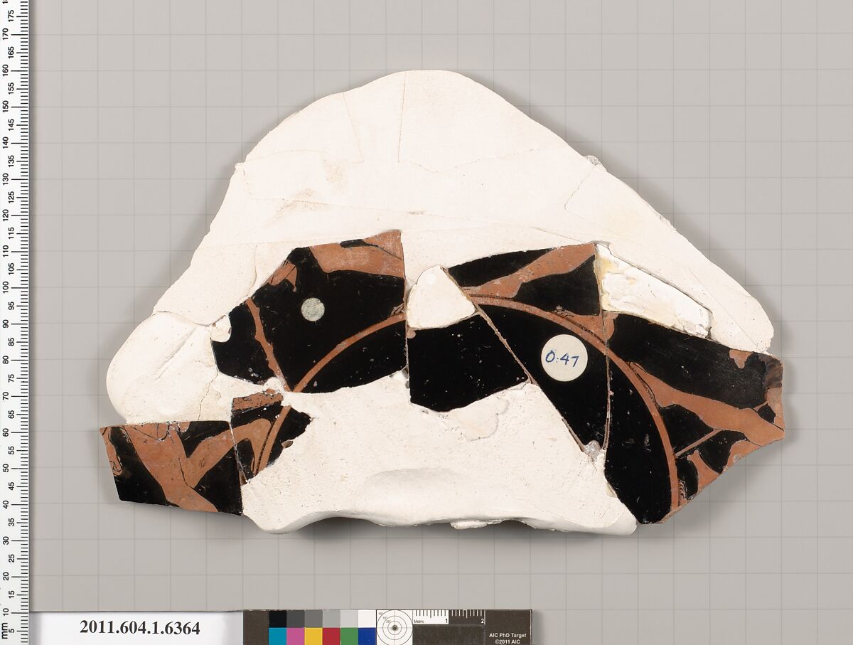 Terracotta fragment of a kylix (drinking cup), Terracotta, Greek, Attic