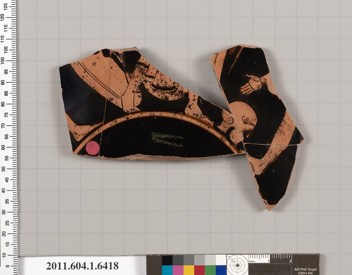 Terracotta fragment of a kylix (drinking cup), Terracotta, Greek, Attic