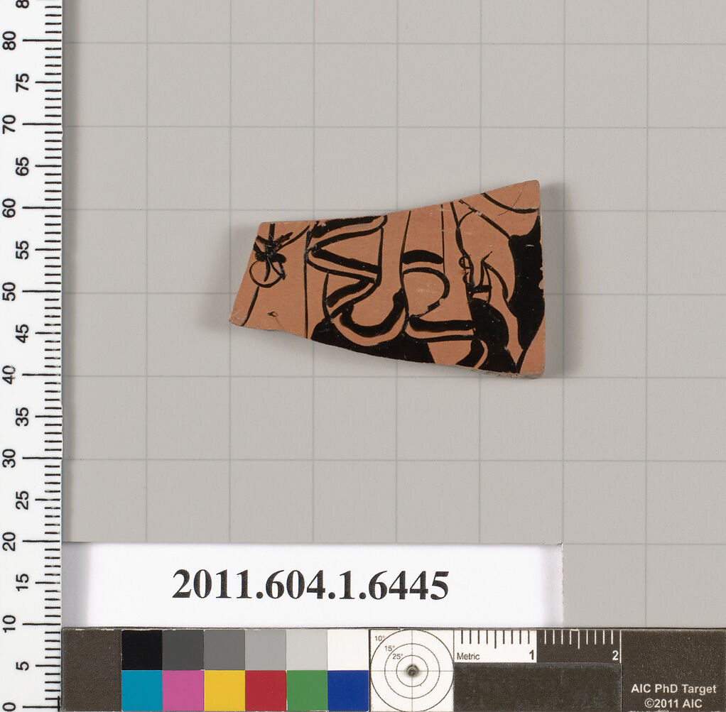 Terracotta fragment of a kylix (drinking cup), Terracotta, Greek, Attic