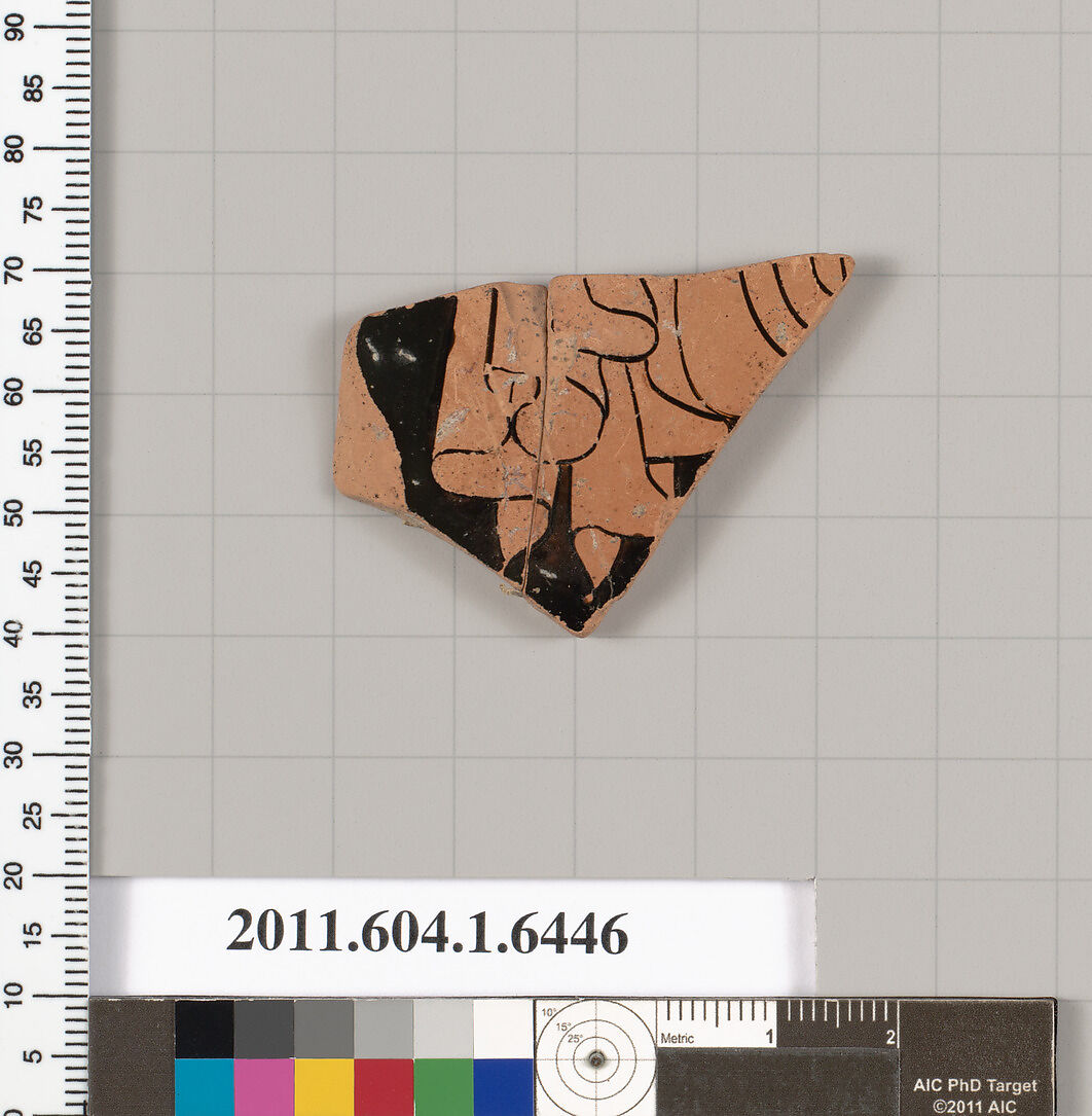 Terracotta fragment of a kylix (drinking cup), Terracotta, Greek, Attic