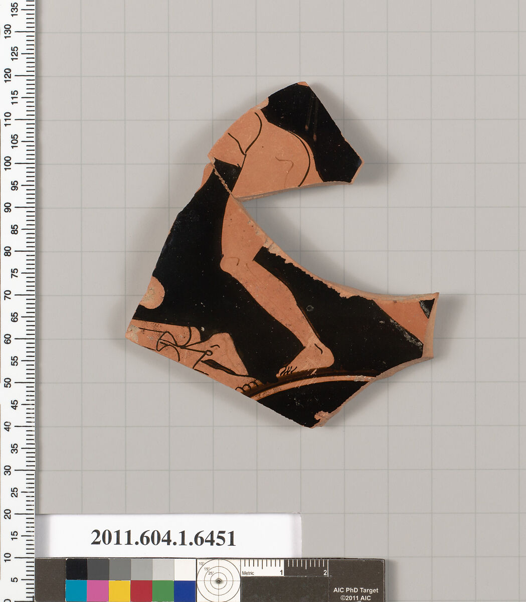 Terracotta fragment of a kylix (drinking cup), Terracotta, Greek, Attic 