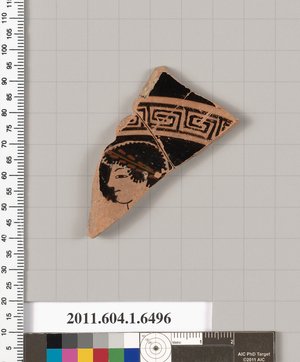 Terracotta fragment of a kylix (drinking cup), Terracotta, Greek, Attic 