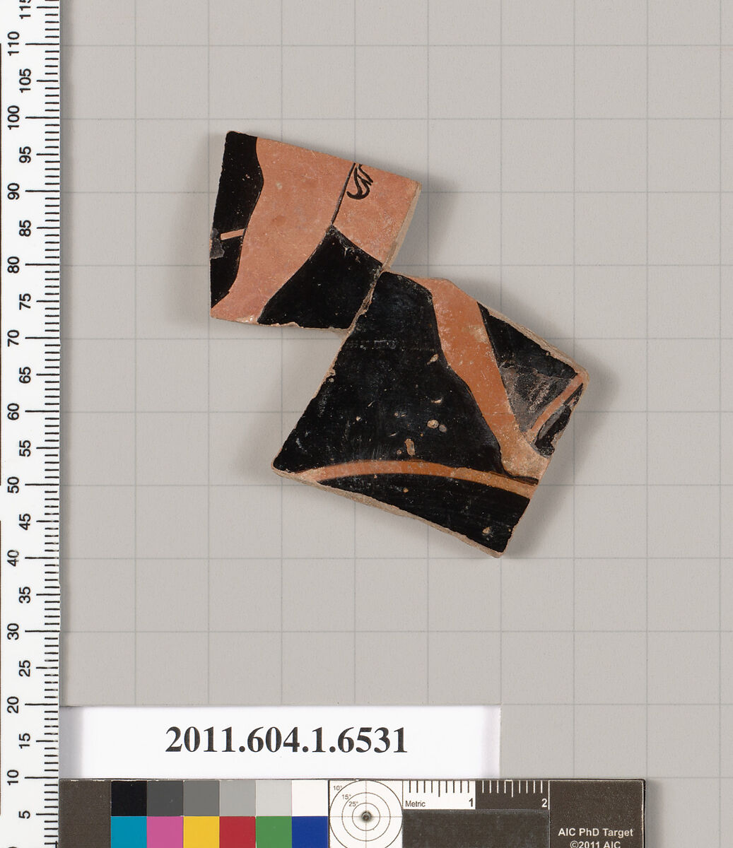 Terracotta fragment of a kylix (drinking cup), Terracotta, Greek, Attic