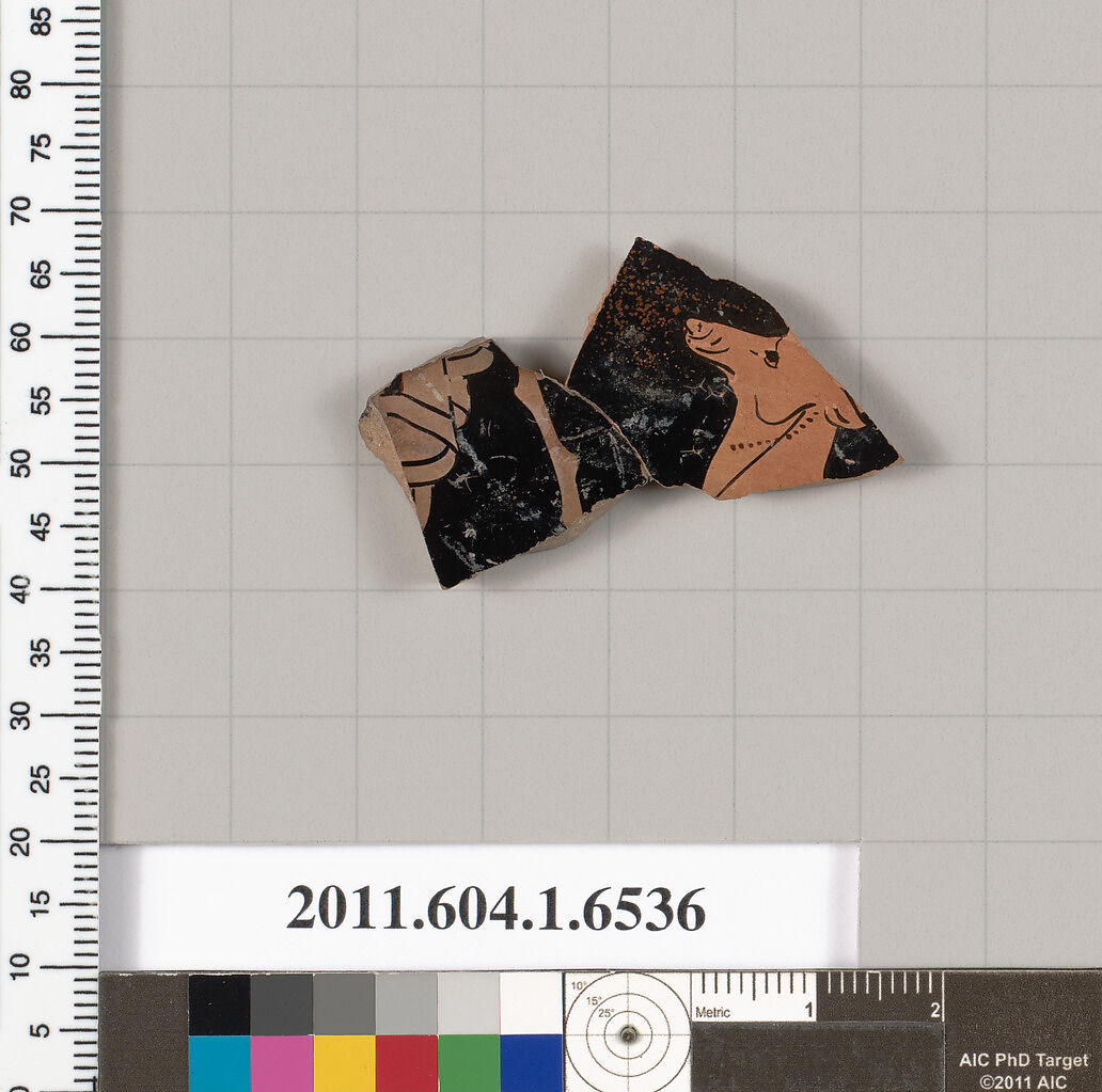 Terracotta fragment of a kylix (drinking cup), Terracotta, Greek, Attic