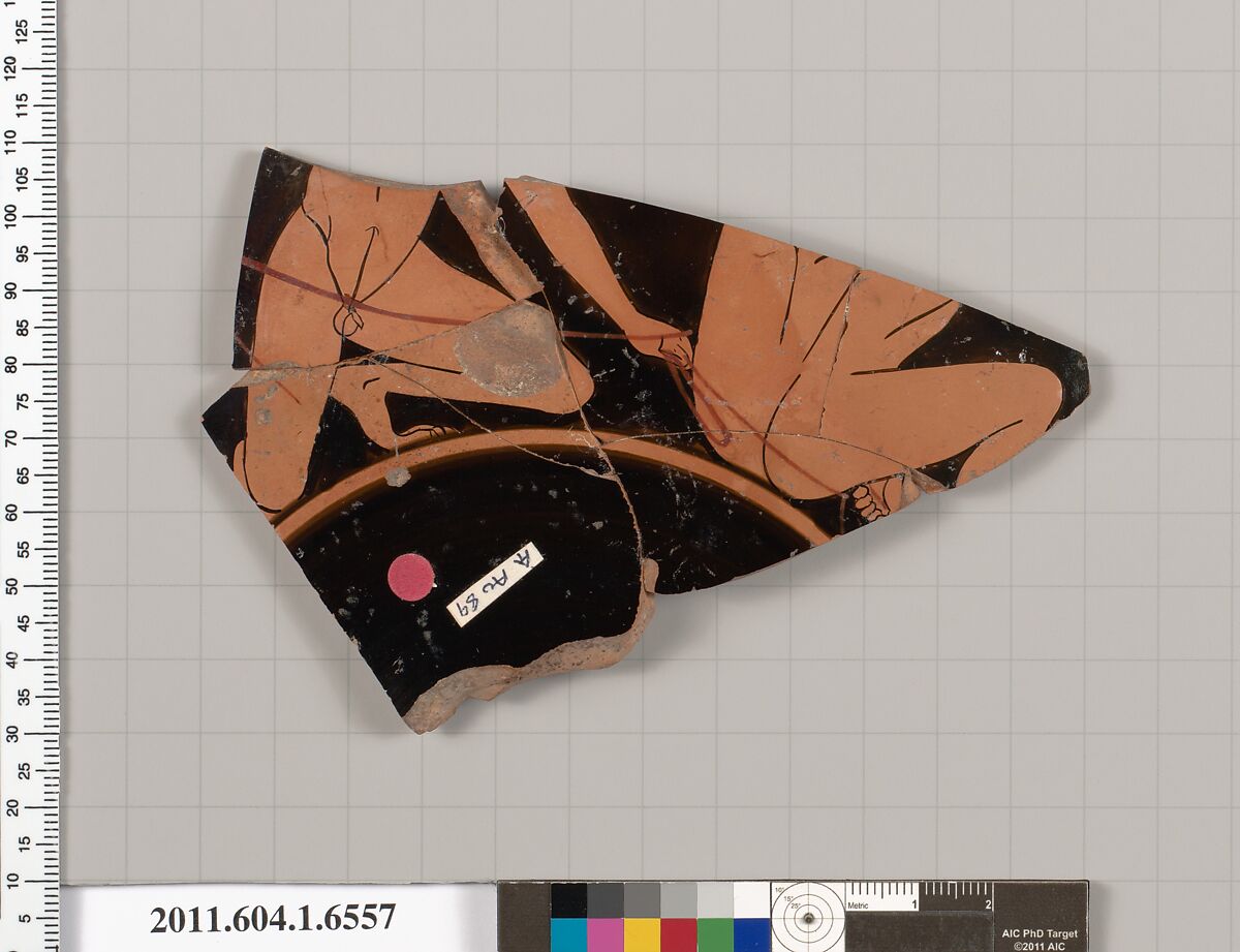 Terracotta fragment of a kylix (drinking cup), Terracotta, Greek, Attic