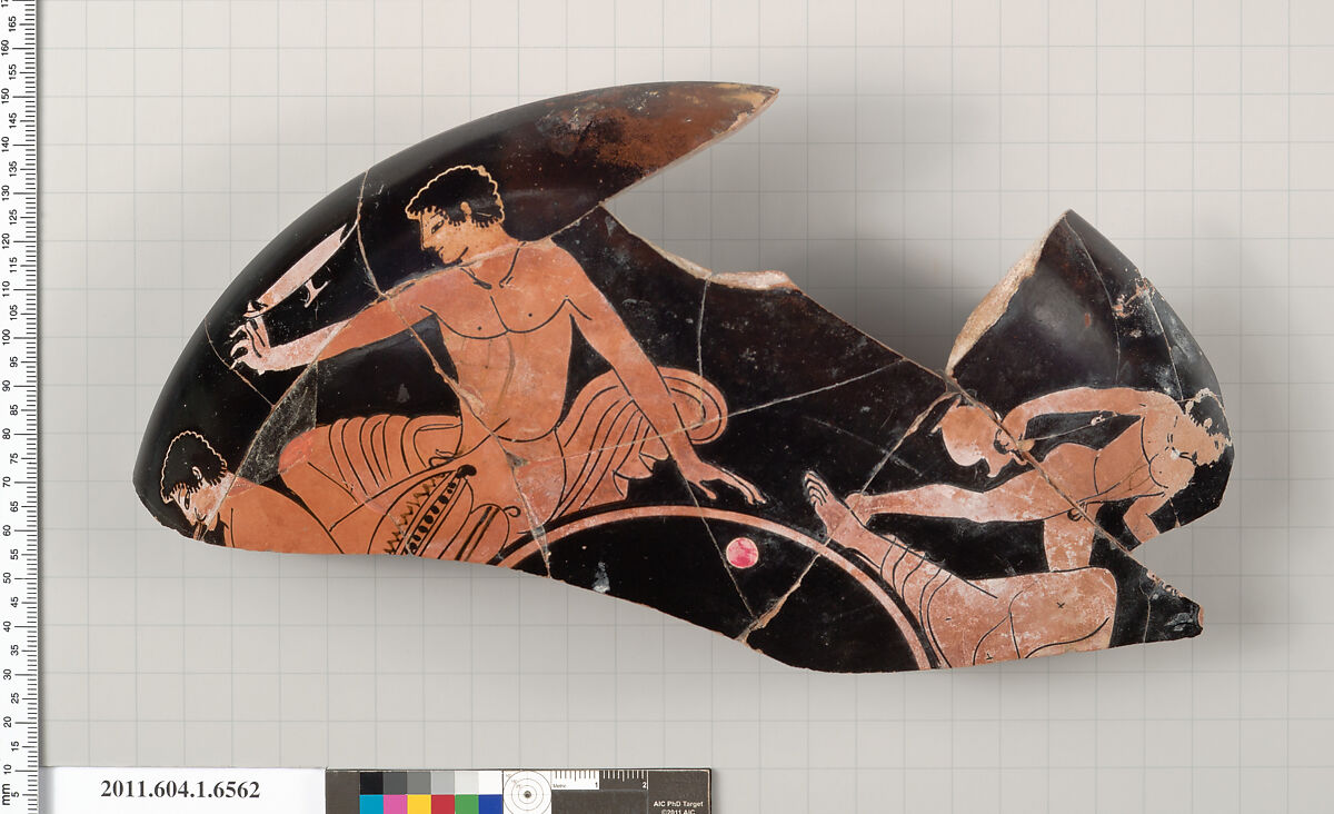 Terracotta fragment of a kylix (drinking cup), Terracotta, Greek, Attic