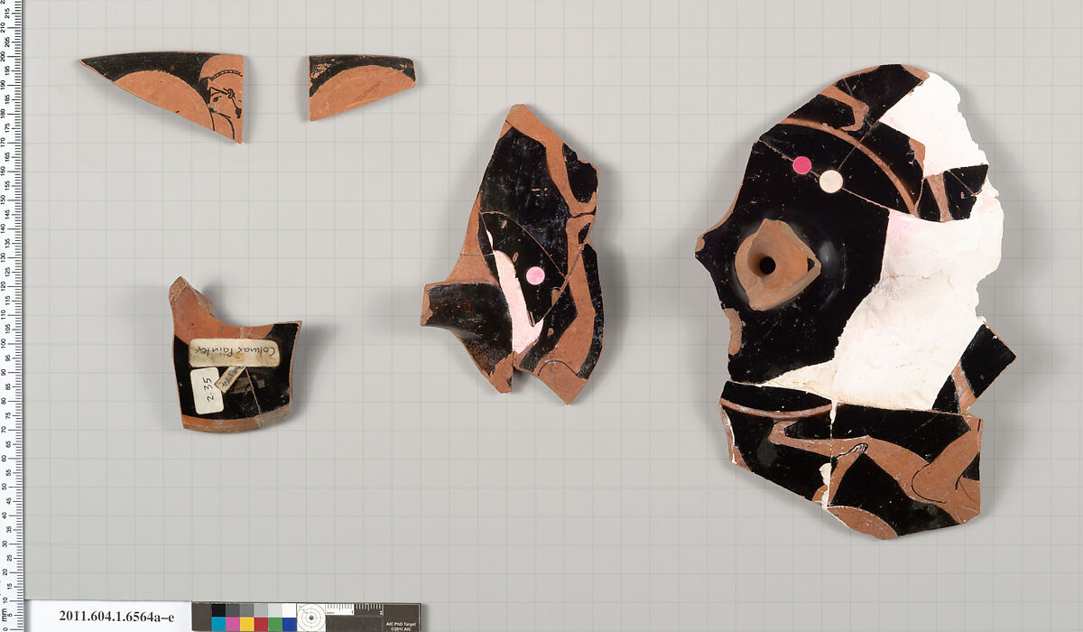 Terracotta fragments of a kylix (drinking cup), Attributed to the Colmar Painter [DvB], Terracotta, Greek, Attic