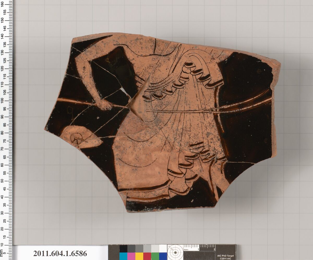 Terracotta fragment of a kylix (drinking cup), Terracotta, Greek, Attic 