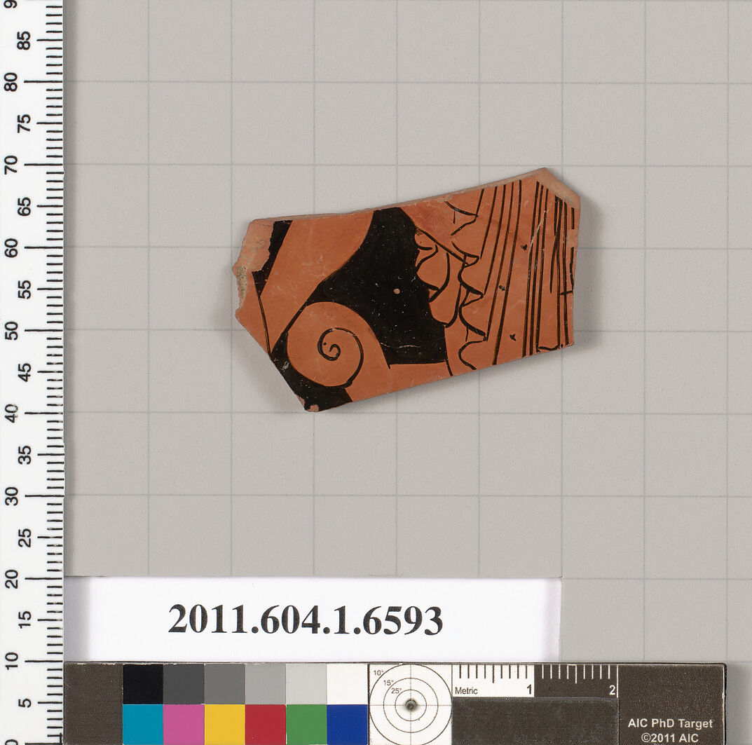 Terracotta fragment of a kylix (drinking cup), Terracotta, Greek, Attic