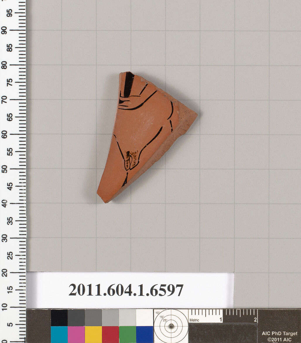 Terracotta fragment of a kylix (drinking cup), Terracotta, Greek, Attic