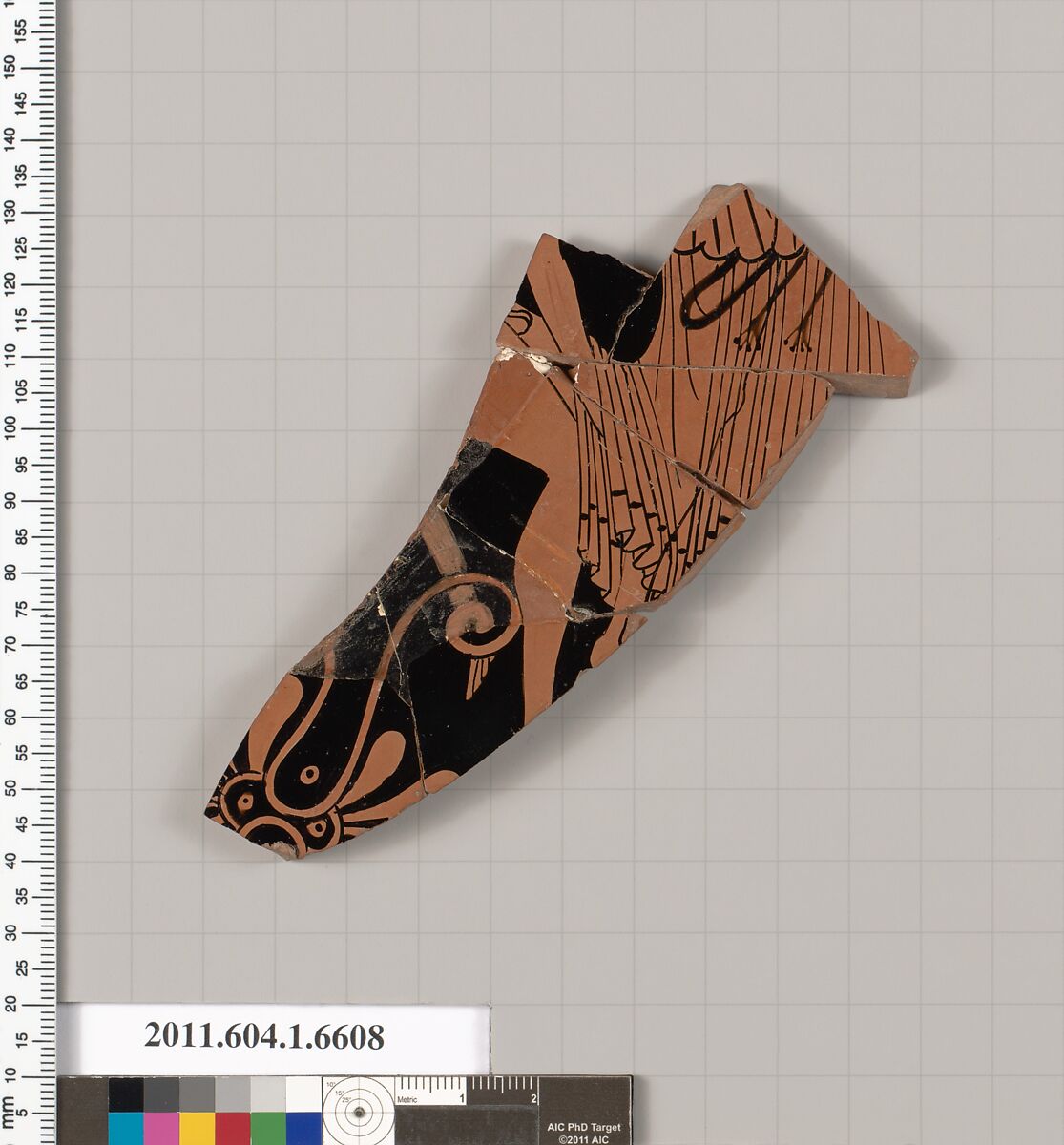 Terracotta fragment of a kylix (drinking cup), Attributeed to the Triptolemos Painter [J.R. Guy], Terracotta, Greek, Attic