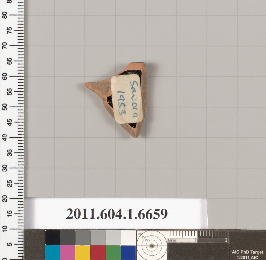 Terracotta rim fragment of a kylix (drinking cup), Terracotta, Greek, Attic
