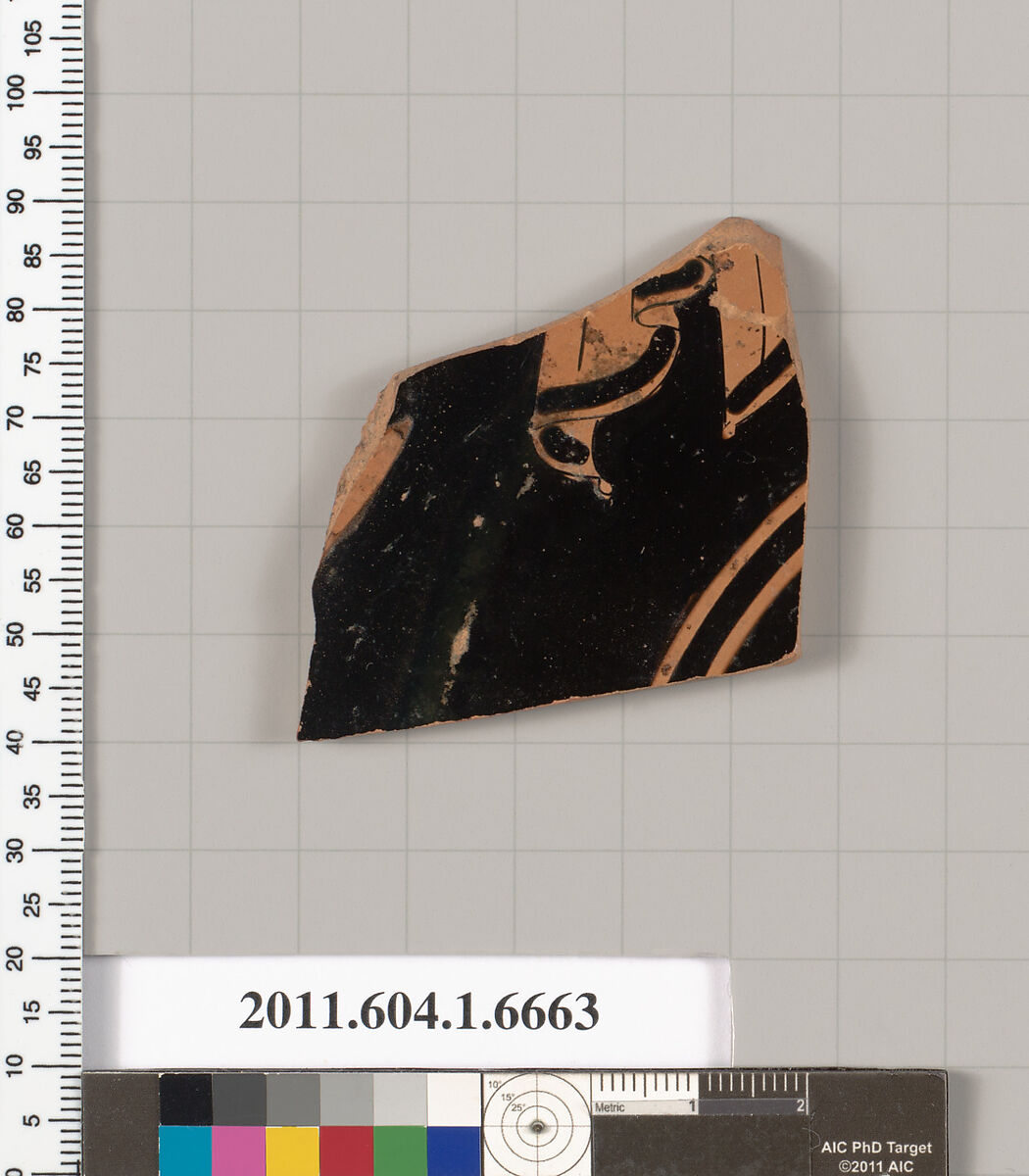 Terracotta fragment of a kylix (drinking cup), Terracotta, Greek, Attic