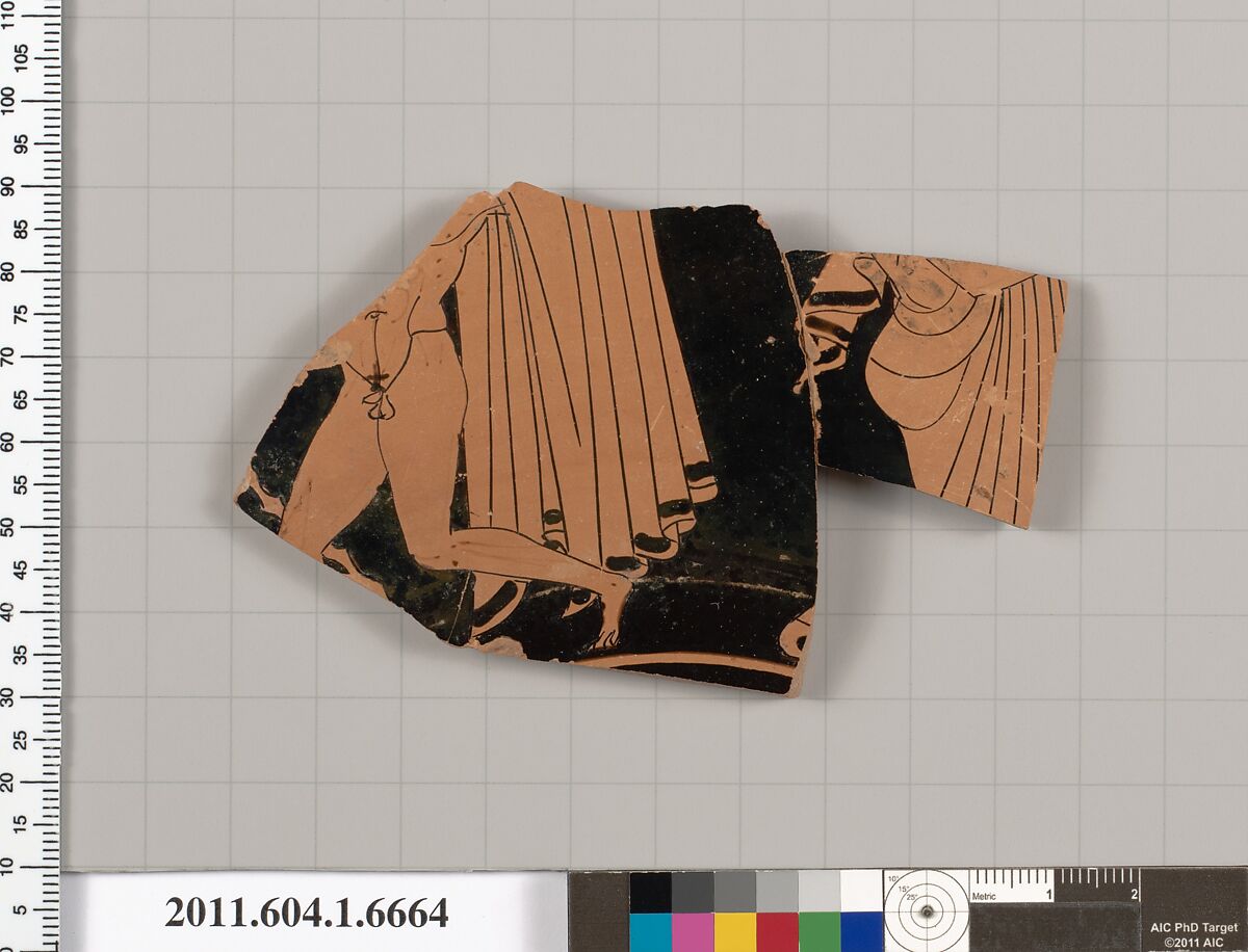 Terracotta fragment of a kylix (drinking cup), Terracotta, Greek, Attic