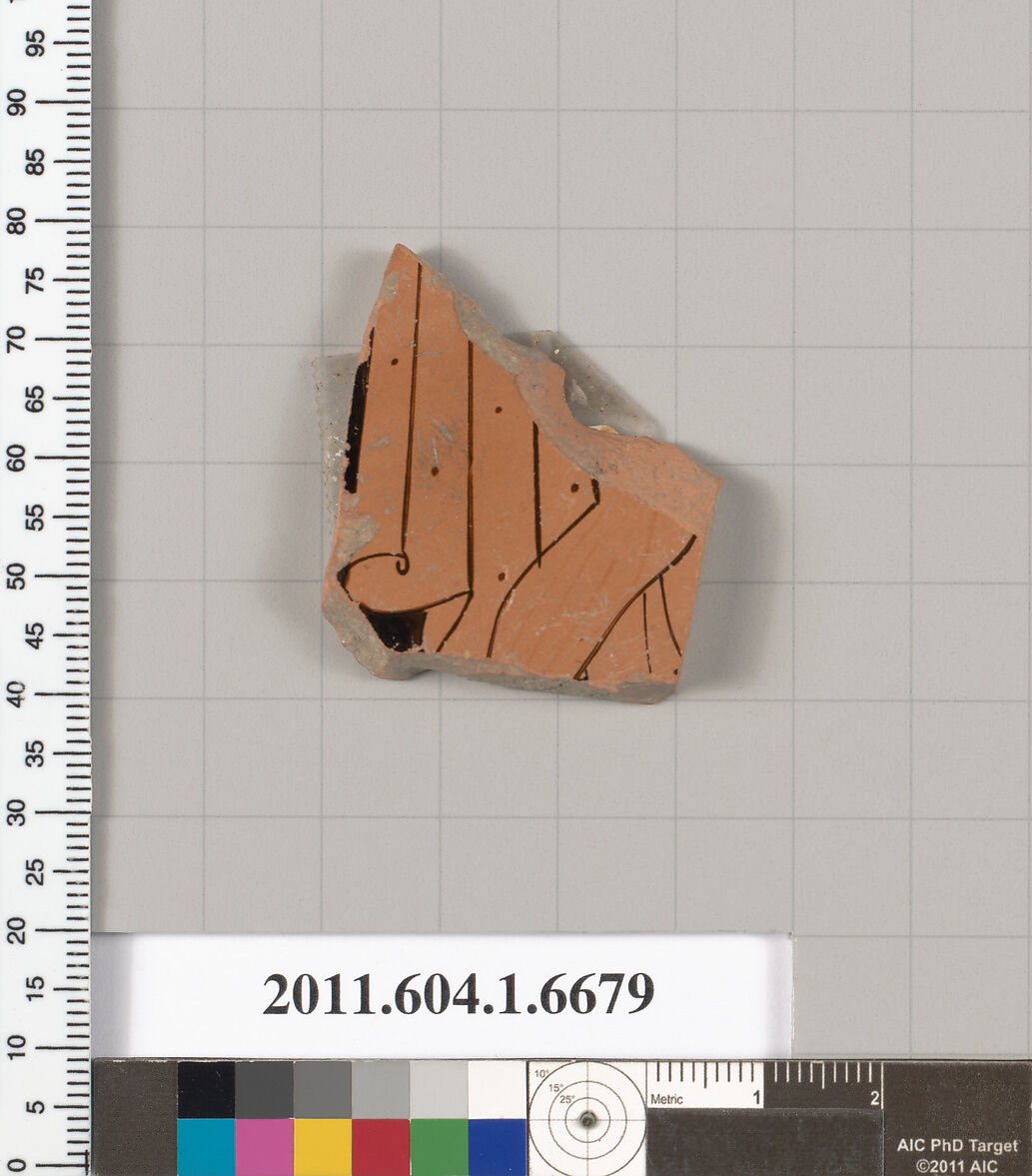 Terracotta fragment of a kylix (drinking cup), Terracotta, Greek, Attic