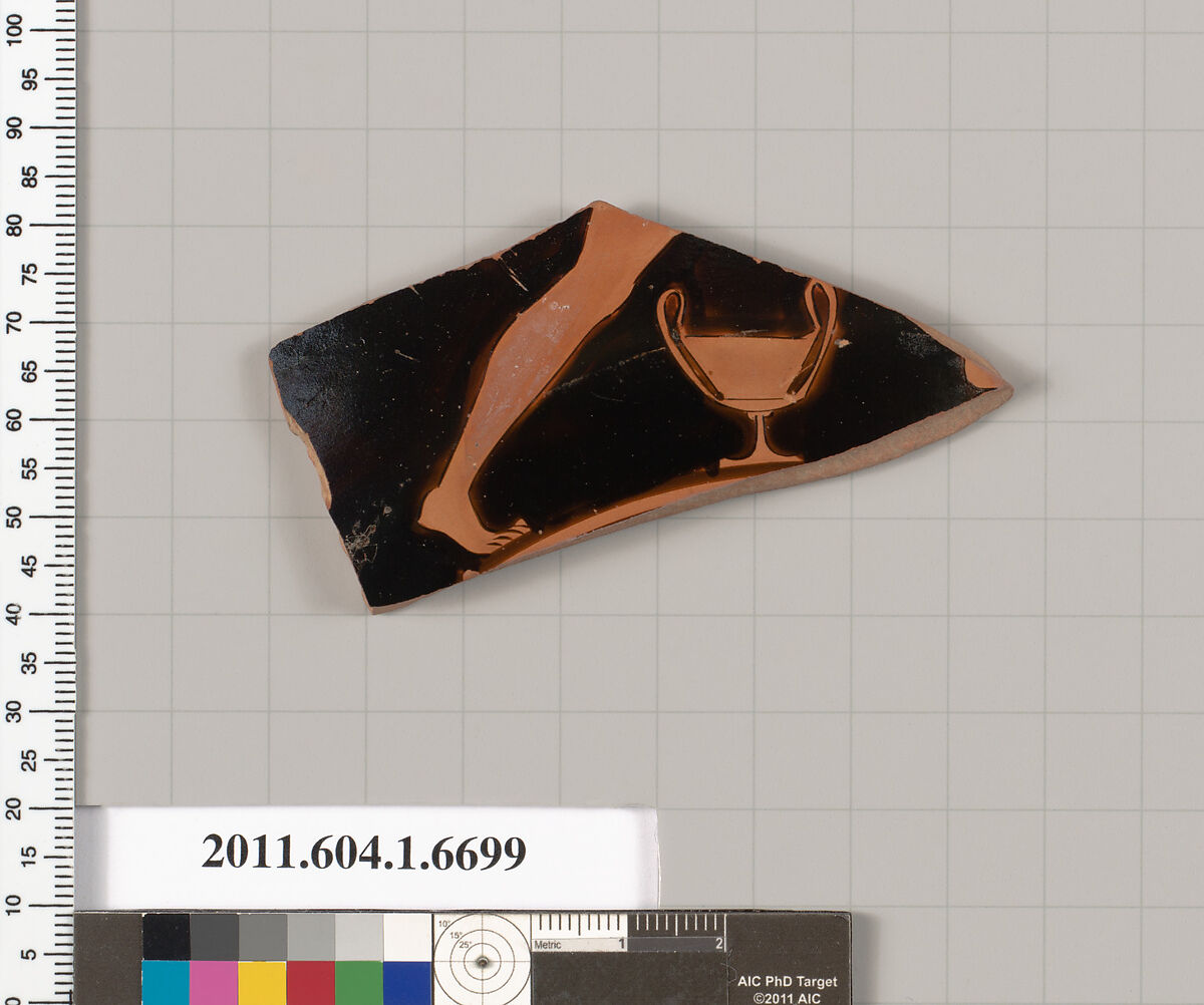 Terracotta fragment of a kylix (drinking cup), Attributed to the Dokimasia Painter [J.R. Guy], Terracotta, Greek, Attic 