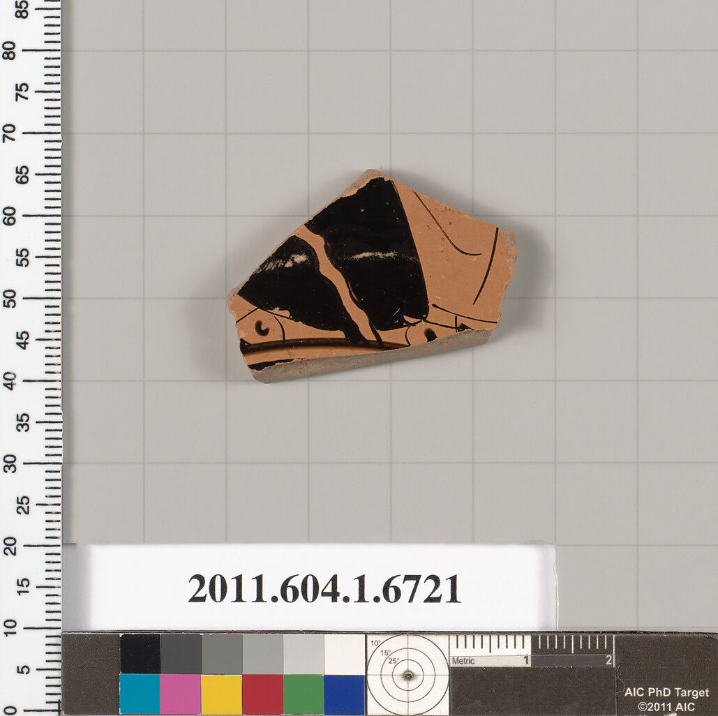 Terracotta fragment of a kylix (drinking cup), Terracotta, Greek, Attic