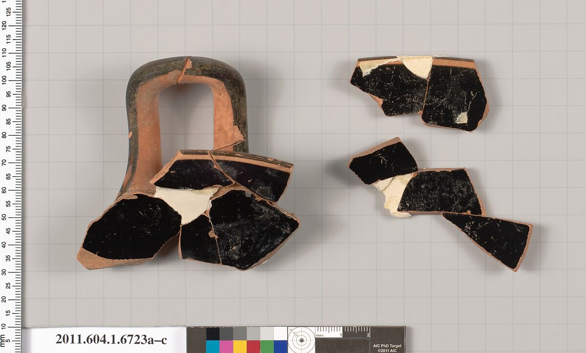 Terracotta fragments of a kylix (drinking cup), Terracotta, Greek, Attic