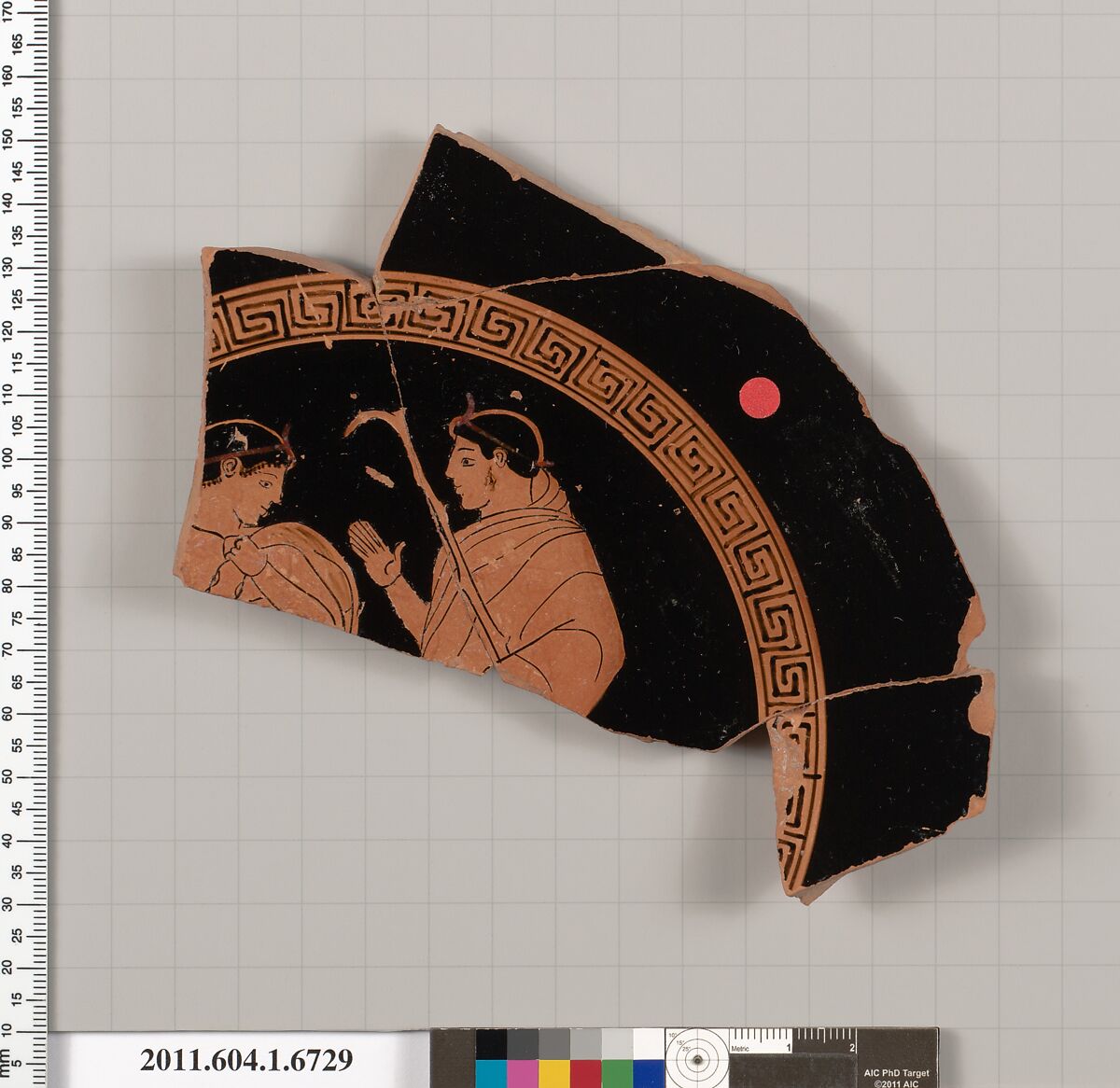 Terracotta fragment of a kylix (drinking cup), Terracotta, Greek, Attic 