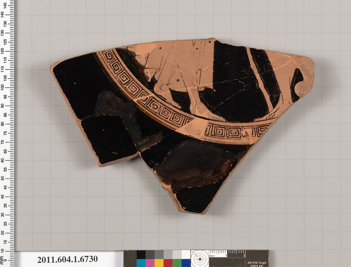 Terracotta fragment of a kylix (drinking cup), Terracotta, Greek, Attic 