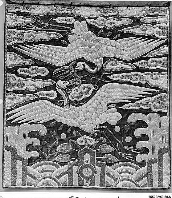 Rank Badge with Decoration of Two Cranes among Clouds, Silk embroidery on silk damask, Korea 