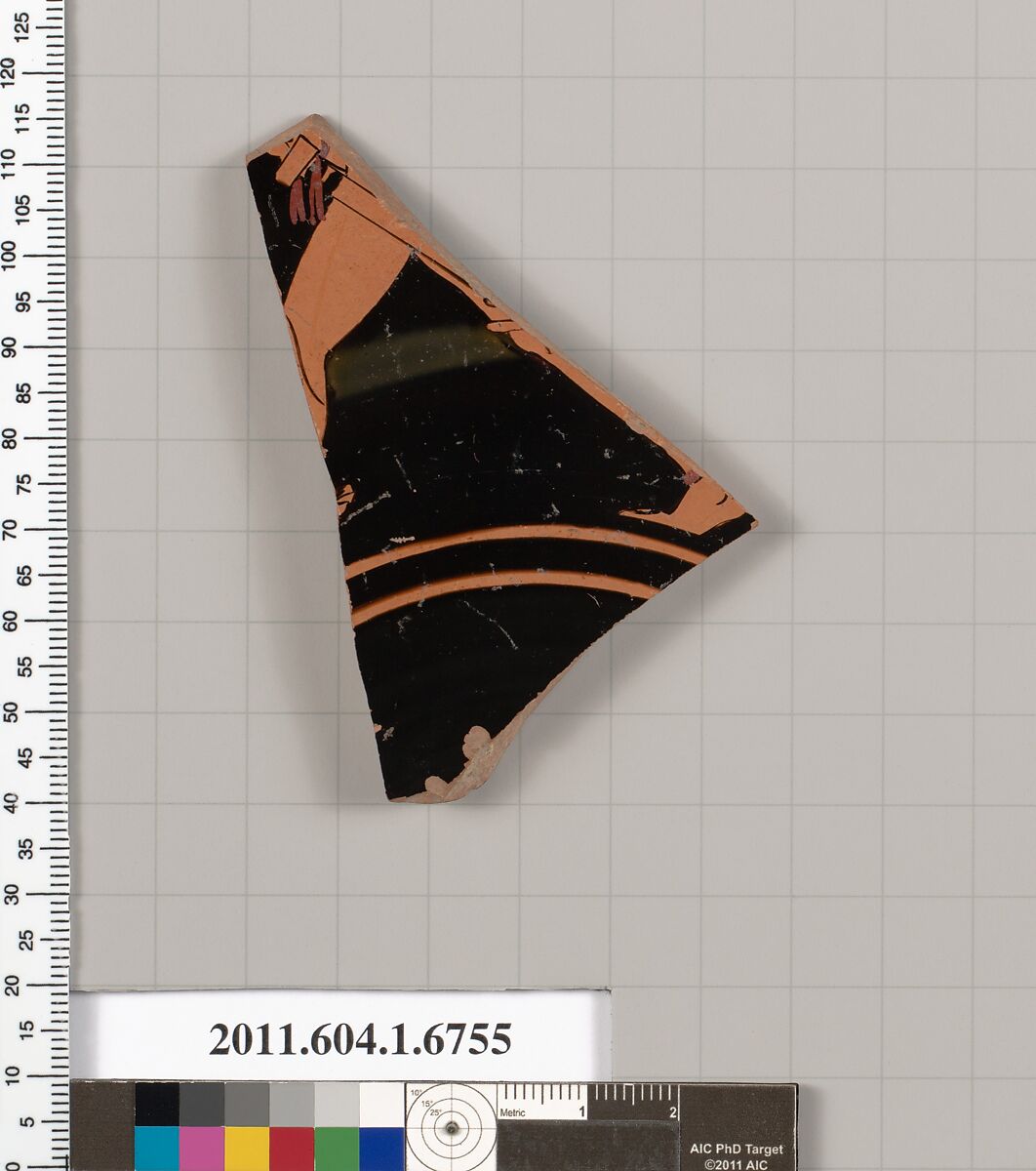 Terracotta fragment of a kylix (drinking cup), Terracotta, Greek, Attic