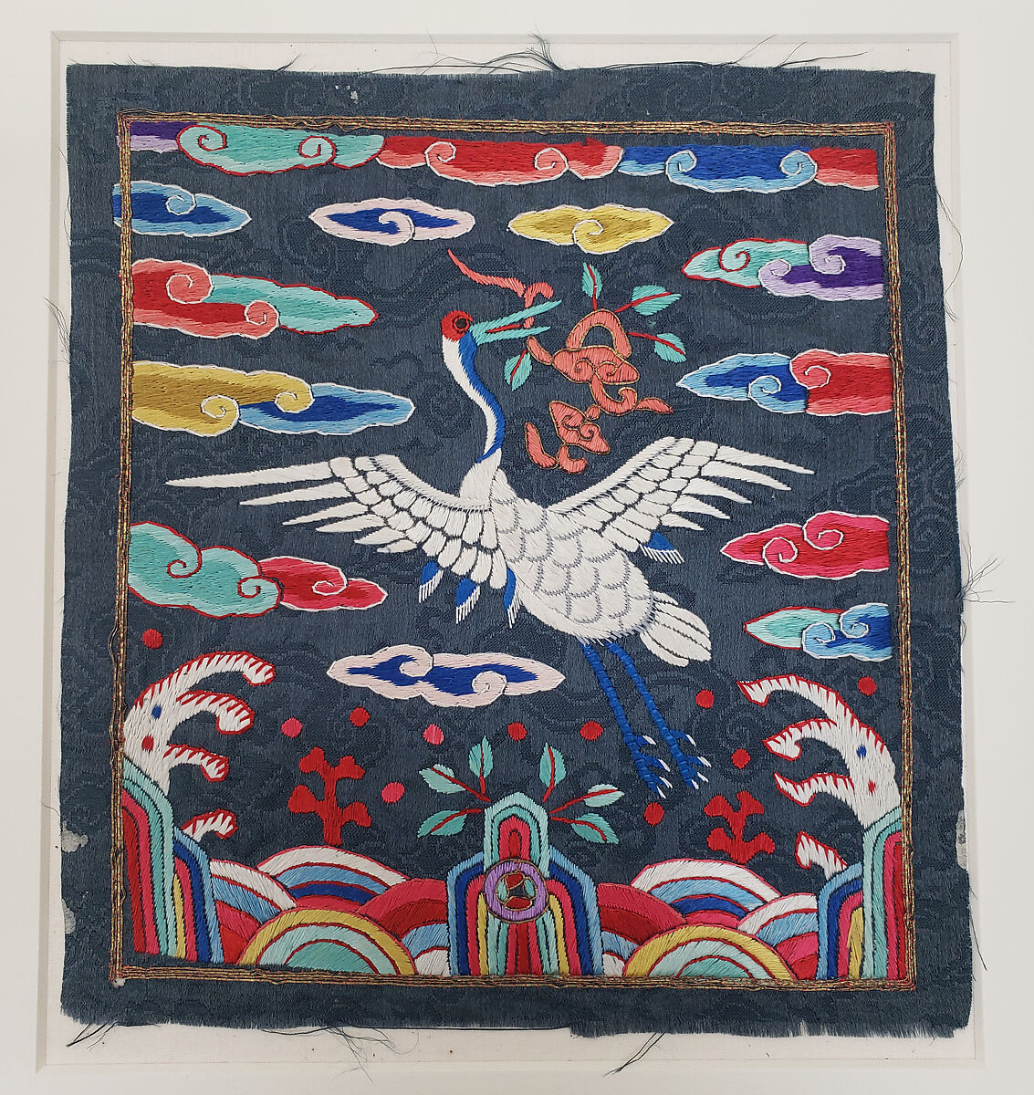 Civil-Official Hyungbae (Rank Badge), Silk embroidery on silk damask, Korea 