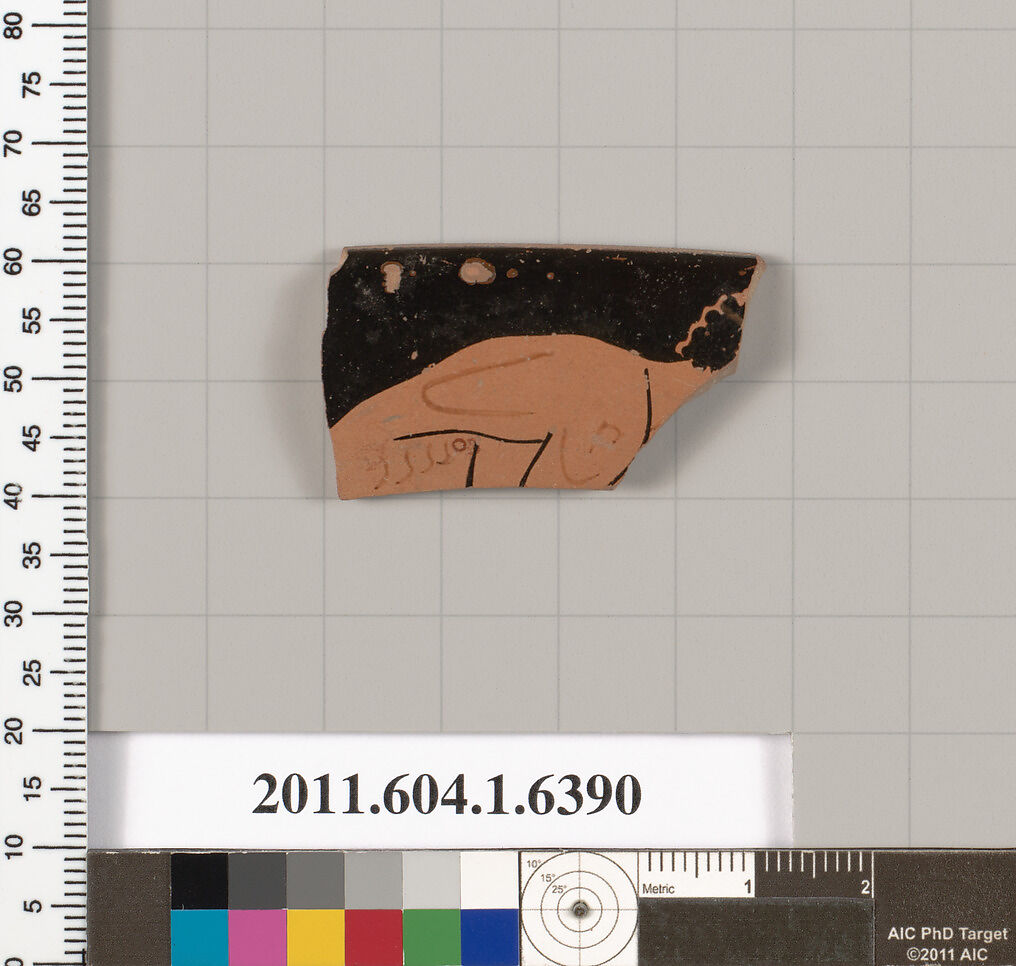 Terracotta rim fragment of a kylix (drinking cup), Attributed to the Antiphon Painter ? [DvB], Terracotta, Greek, Attic 