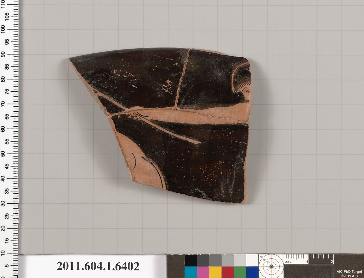 Terracotta rim fragment of a kylix (drinking cup), Attributed to the Antiphon Painter [DvB], Terracotta, Greek, Attic 