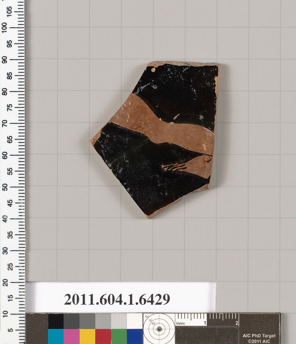 Terracotta fragment of a kylix (drinking cup), Attributed to the Antiphon Painter [DvB], Terracotta, Greek, Attic