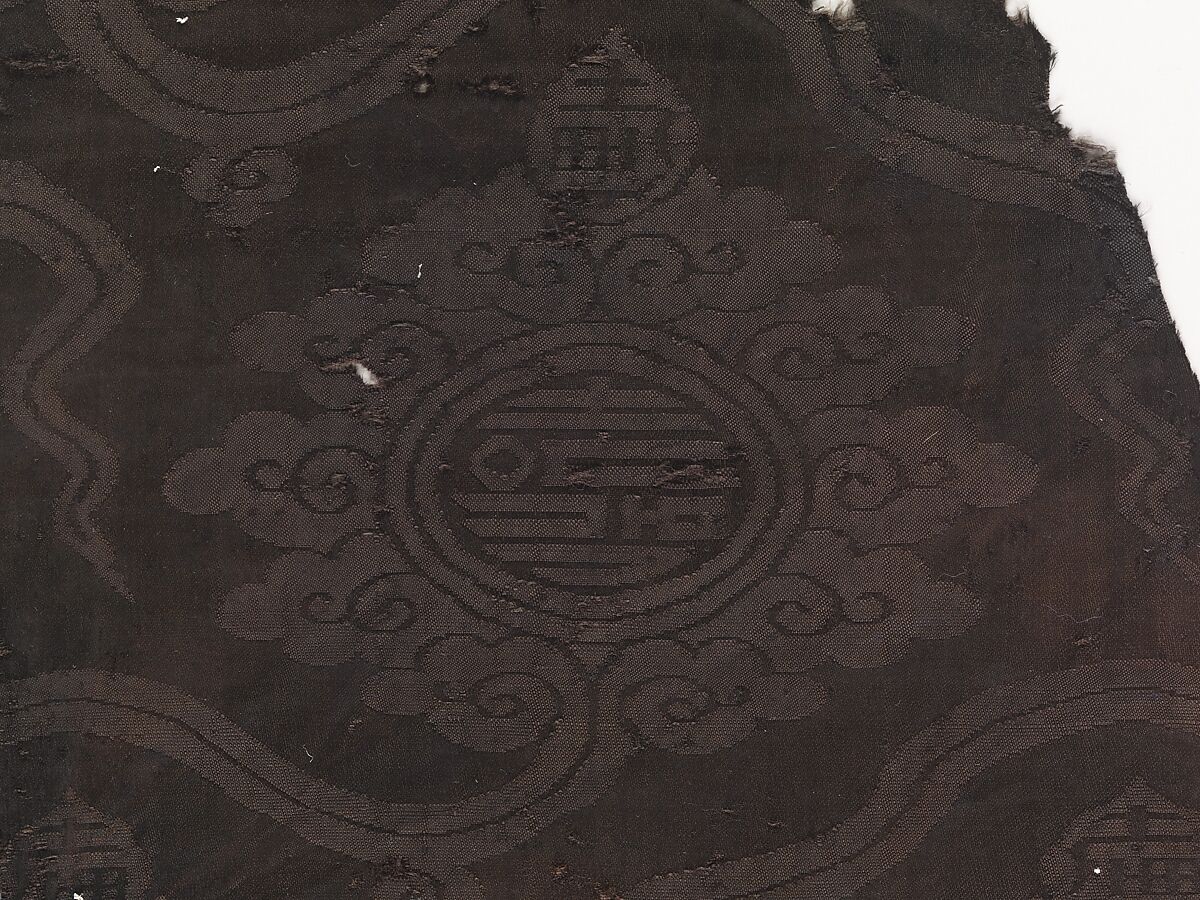 Textile fragment with cloud palmettes and characters of longevity (Shou), Silk satin damask, China