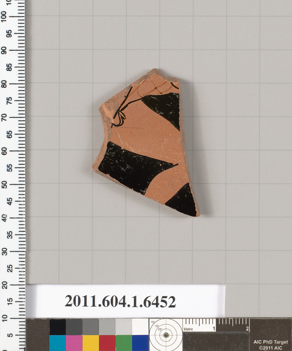 Terracotta fragment of a kylix (drinking cup), Attributed to the Manner of the Antiphon Painter [DvB], Terracotta, Greek, Attic